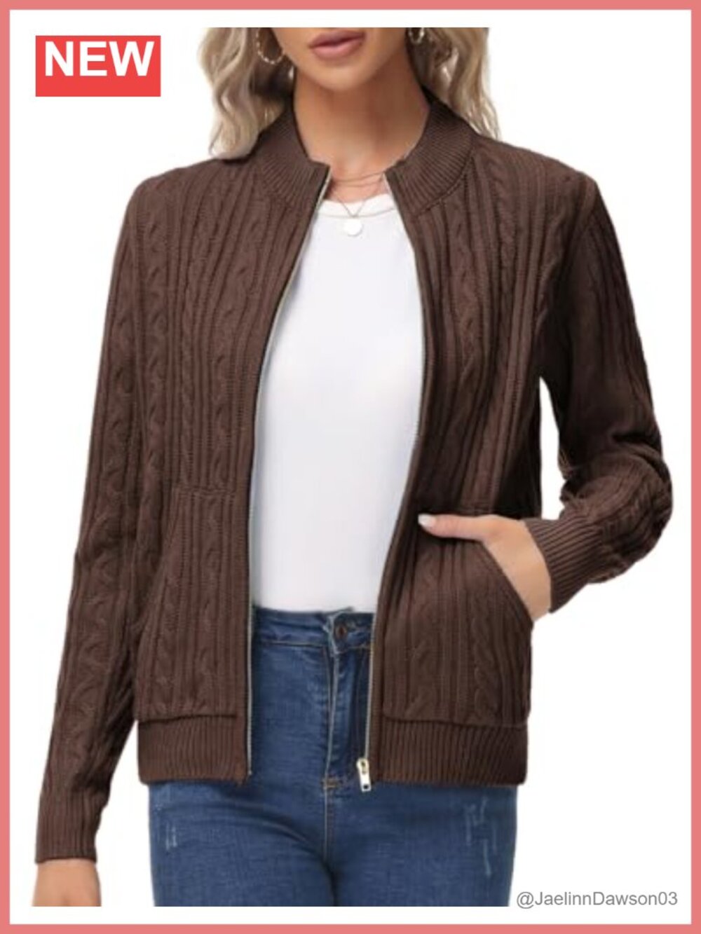 Chunky Cable Knit Zip Up Cardigan with Pockets